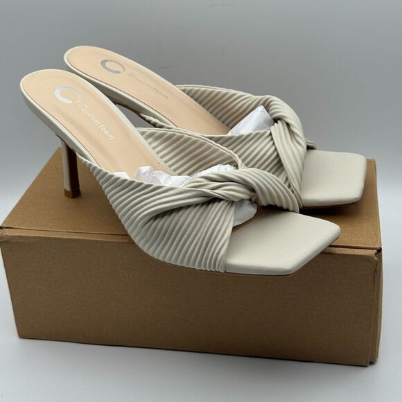 Comfort View Shoes - Tru Comfort Greer White Pleated High Heel Mules Square Toe Slip In Sandals 9